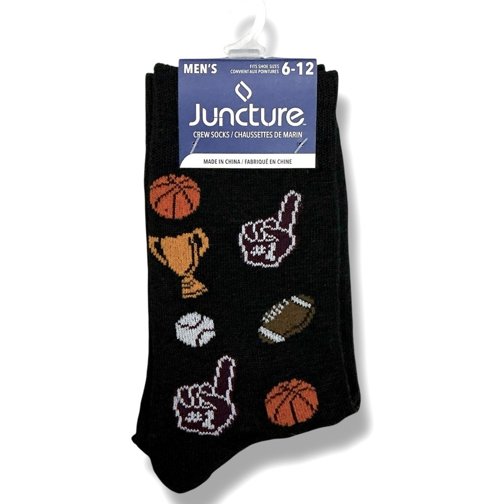 Sports Themed Crew Socks Mens Novelty Print Black Unisex OS Shoe Size 6-12 New